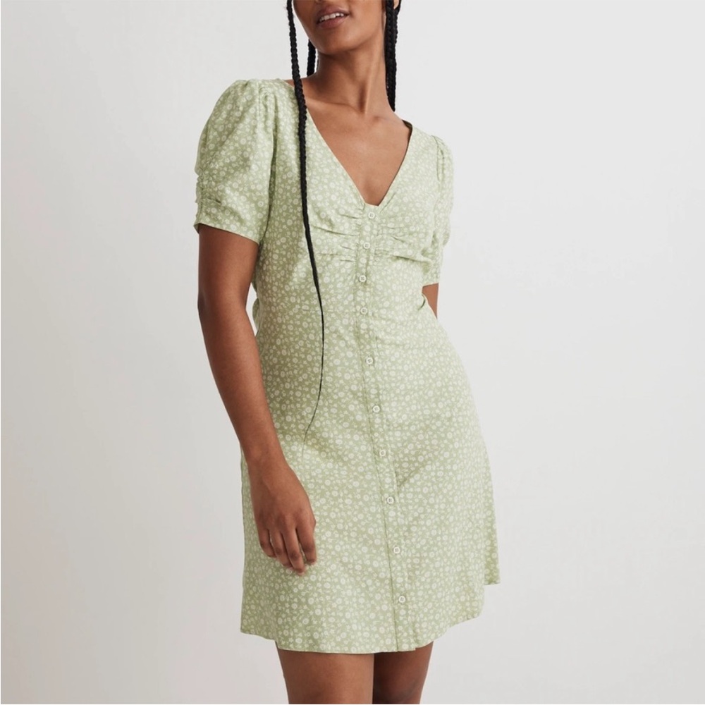Madewell Spring Floral Green Sundress with Puff Sleeves